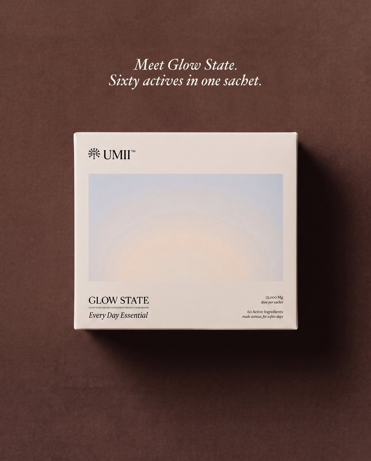 Glow State by UMII, a seven-day box of daily wellness sachets with sixty active ingredients, on a warm brown ground.