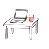 Hand-drawn desk with a laptop and a glass of Glow State.