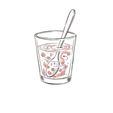Step two: water stirred with a spoon, pink granules swirling as they dissolve, hand-drawn.